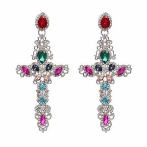BOHO large cross earrings. Silver with multicolored stones. NWT